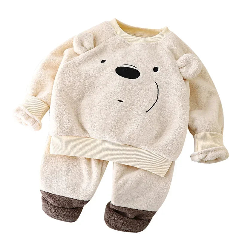 New 2024 Autumn Winter Kids Thicken Warm Fleece Pajamas Baby Boys Girls Cute Cartoon Bear O-neck Pullover Clothing Sets Pyjamas