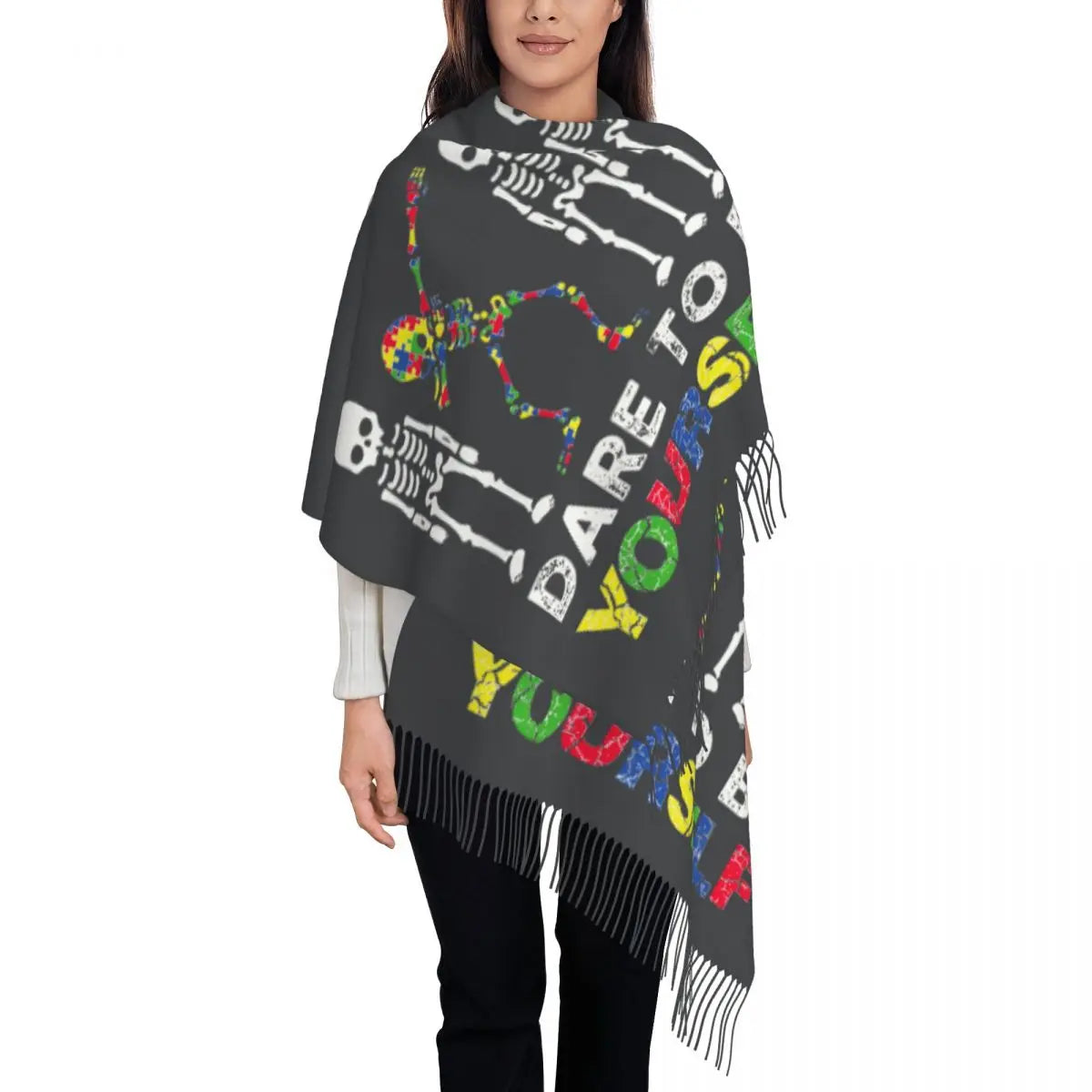 Custom Dare To Be Yourself Skeleton Dabbing Autism Awareness Scarf Wrap Women Long Winter Warm Tassel Shawl Unisex Scarves