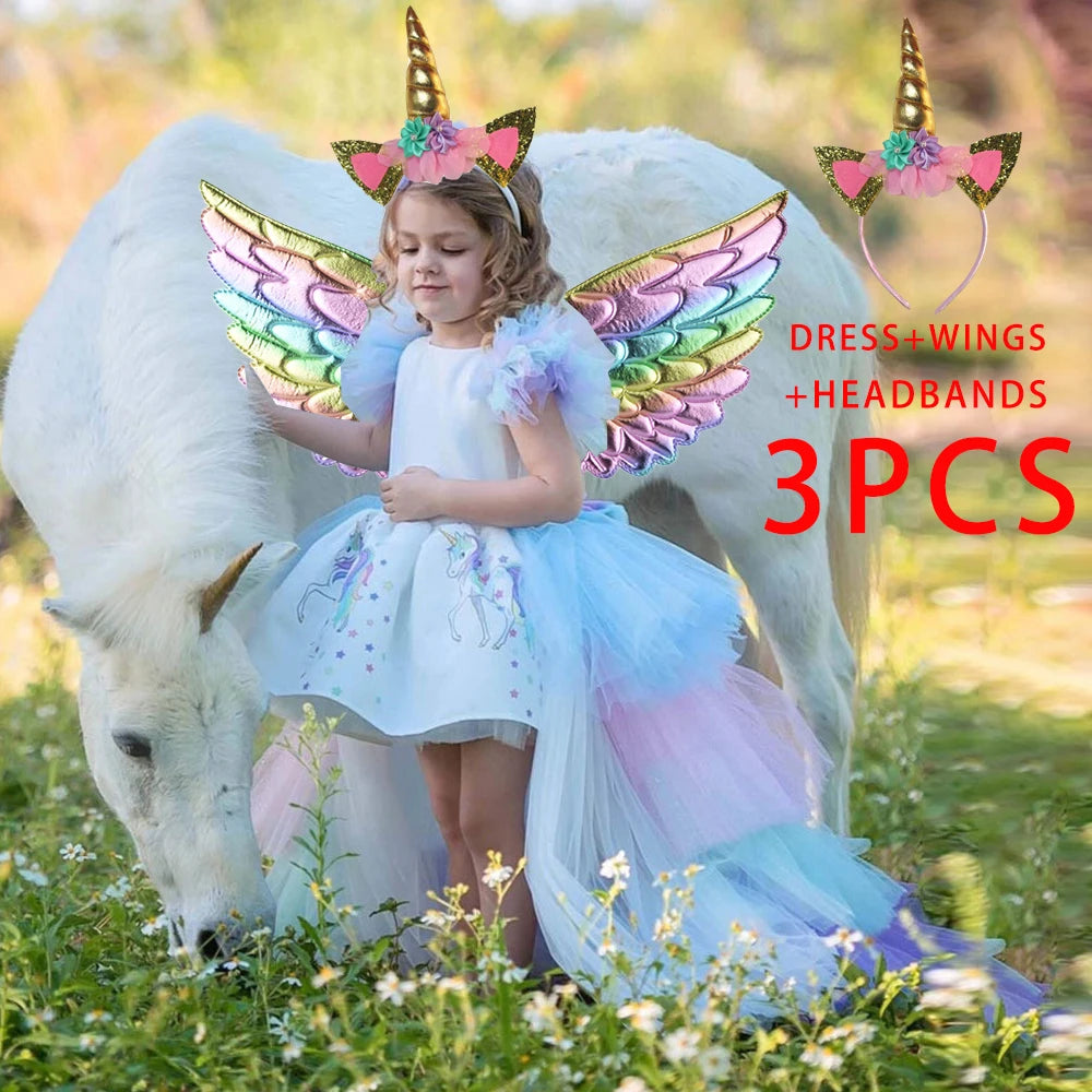 Kids Unicorn Cosplay Dress For Girls Children Costumes Tailing Rainbow Princess Party Dresses Girl Birthday Wedding Ball Gown