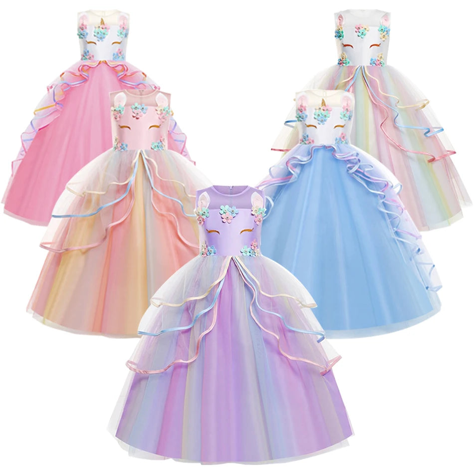 Unicom Dress for Girls Unicorn Luxary Party Gown Rainbow Long Gauze Dress Kids Princess Birthday Party Gift