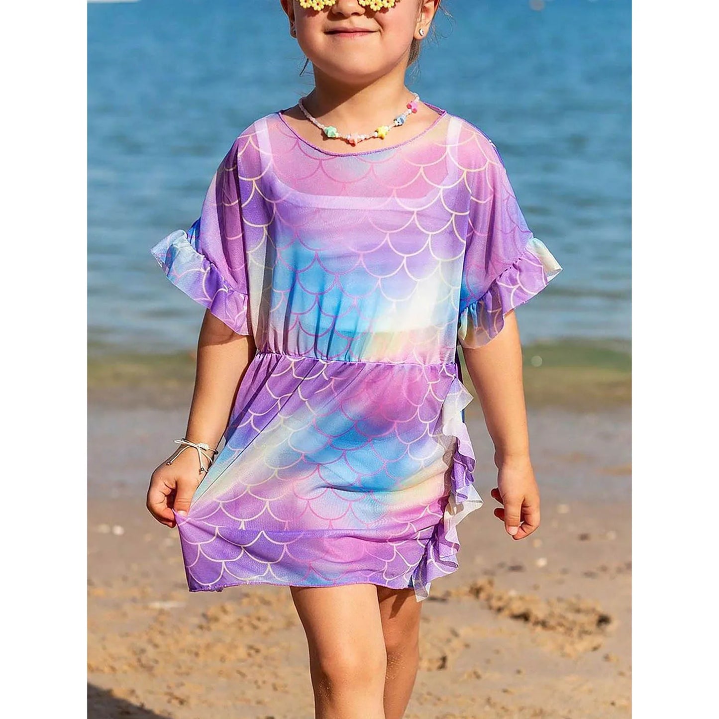 Kids Girls Fish Scales One-piece Swimsuit Bikini Cover Up Dress Mermaid Ruffle Swim Dress Bathing Suit for Beach Pool Party