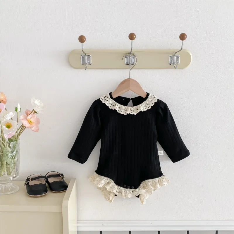 Newborn Baby Girl Cotton Lace Ruffle Hollow Romper Infant Toddler Solid Long Sleeve Jumpsuit Autumn Spring Baby Clothes 3M-18M