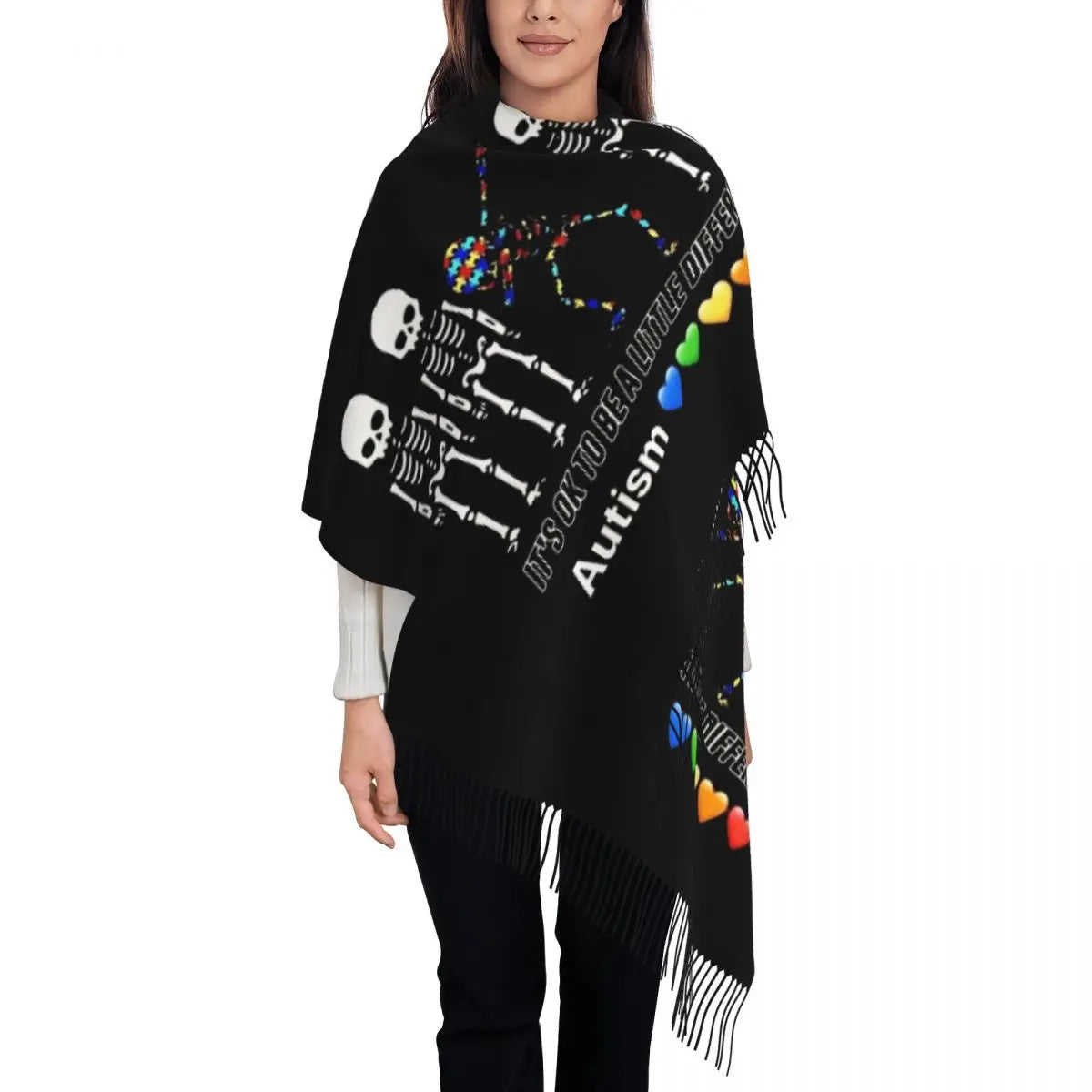 Custom Dare To Be Yourself Skeleton Dabbing Autism Awareness Scarf Wrap Women Long Winter Warm Tassel Shawl Unisex Scarves