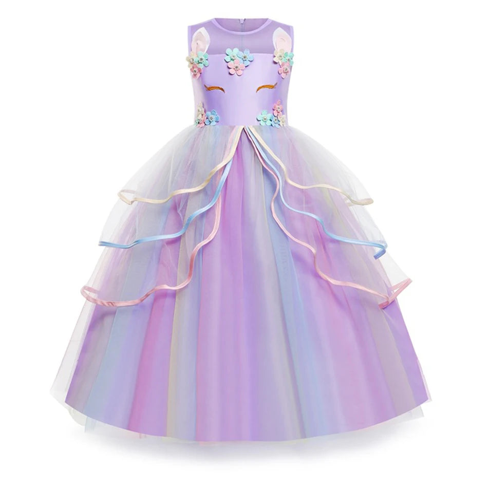 Unicom Dress for Girls Unicorn Luxary Party Gown Rainbow Long Gauze Dress Kids Princess Birthday Party Gift