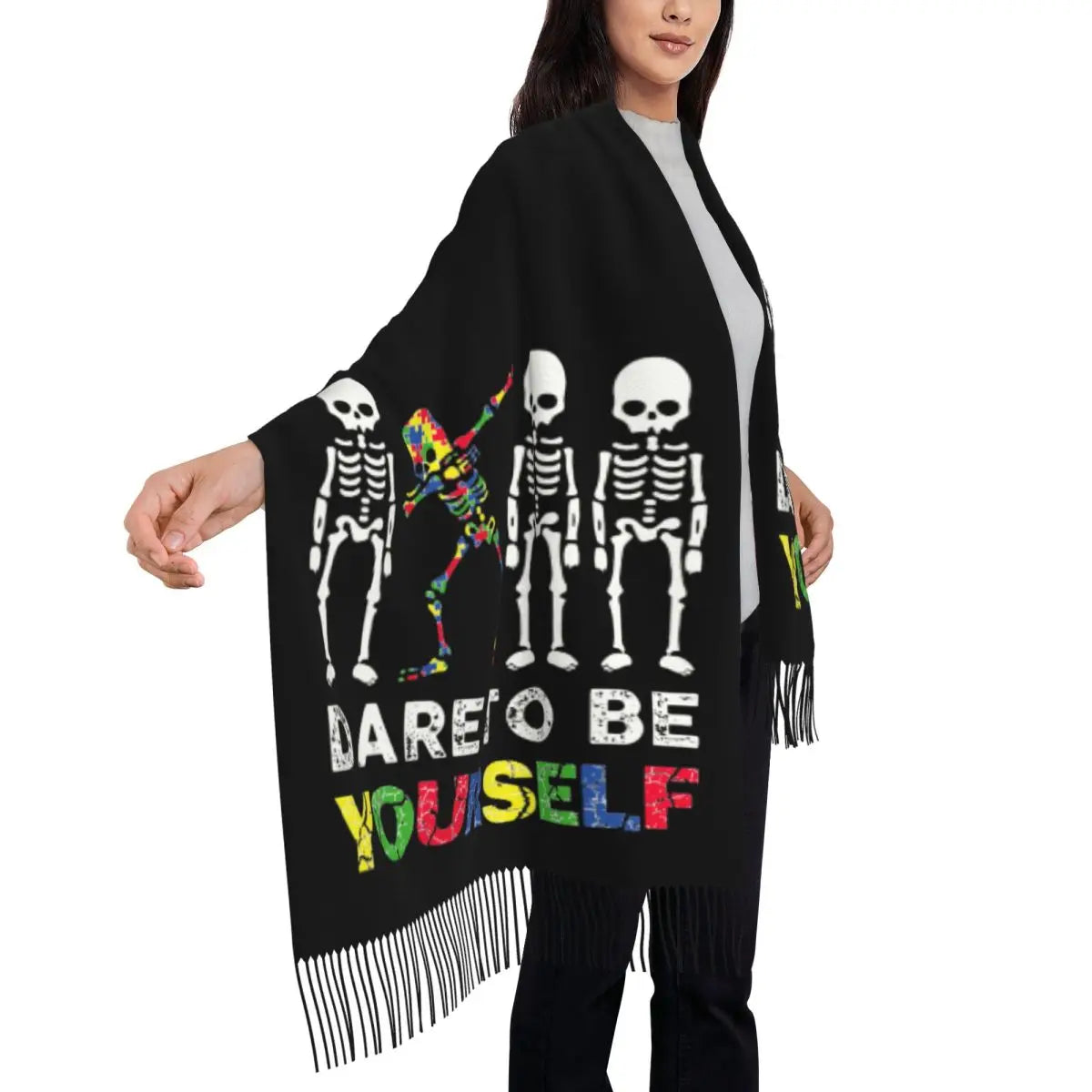 Custom Dare To Be Yourself Skeleton Dabbing Autism Awareness Scarf Wrap Women Long Winter Warm Tassel Shawl Unisex Scarves