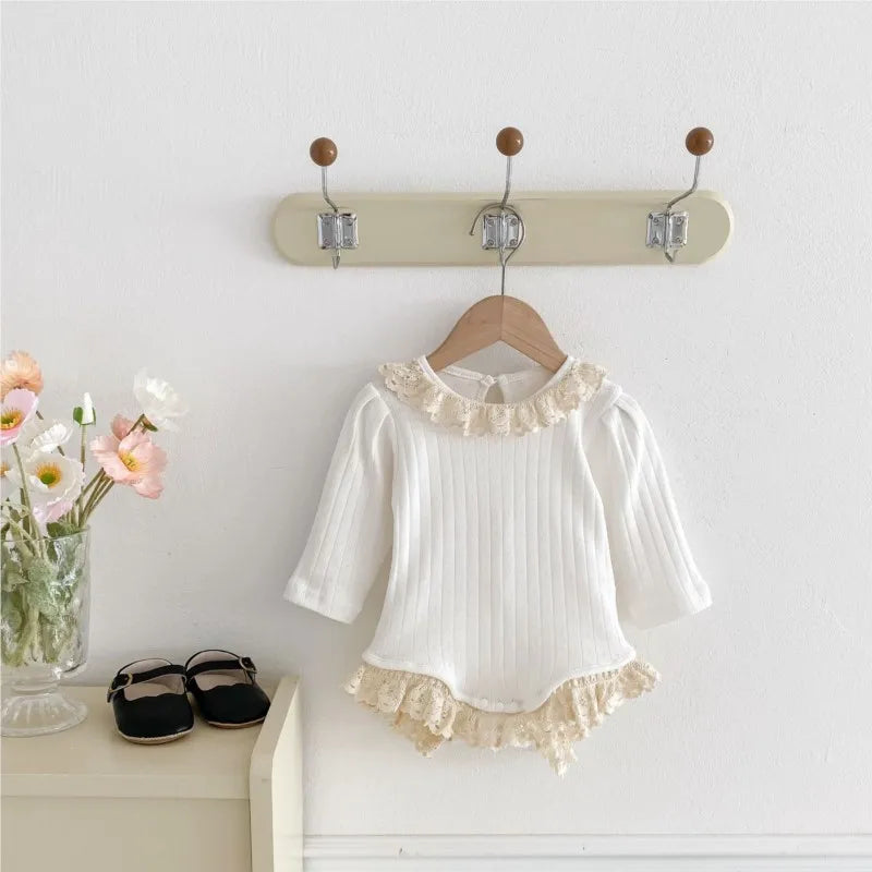 Newborn Baby Girl Cotton Lace Ruffle Hollow Romper Infant Toddler Solid Long Sleeve Jumpsuit Autumn Spring Baby Clothes 3M-18M