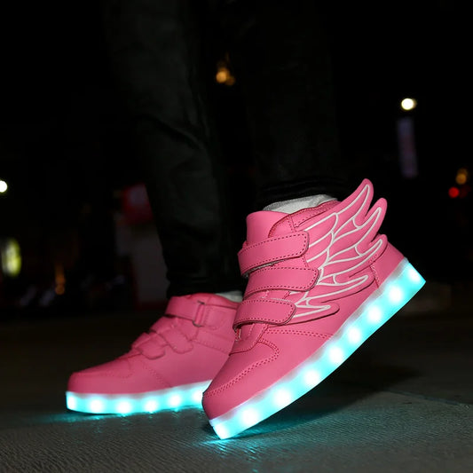 Waterproof Leather Kids with Wings Luminous Shoes Sneakers Girls Skateboarding Shoes Casual Sneakers