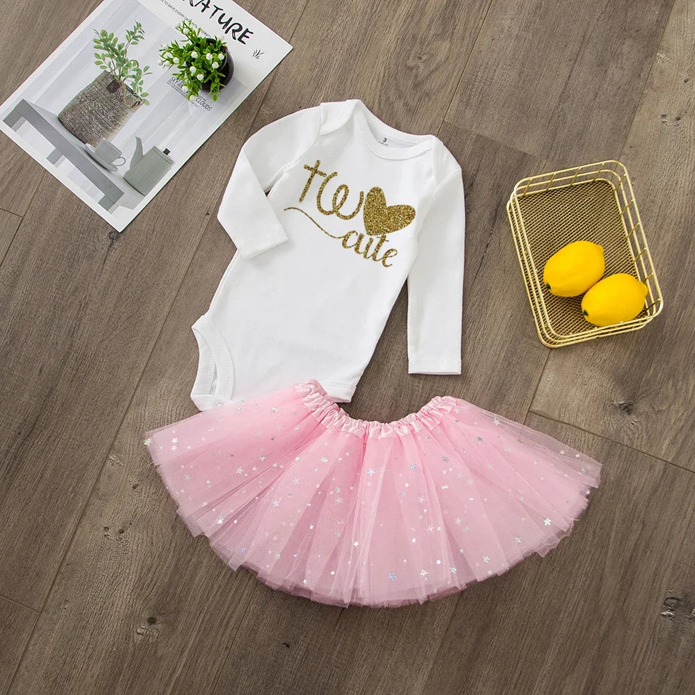 Two Cute Baby Girl 2nd Birthday Cute Pink Tutu Cake Outfits Infant Dresses Girls Baptism Party Dress Clothes Without Glitter