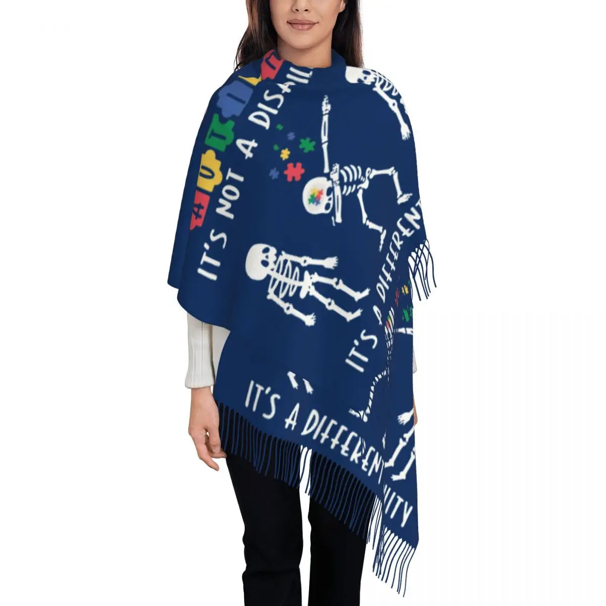 Custom Dare To Be Yourself Skeleton Dabbing Autism Awareness Scarf Wrap Women Long Winter Warm Tassel Shawl Unisex Scarves