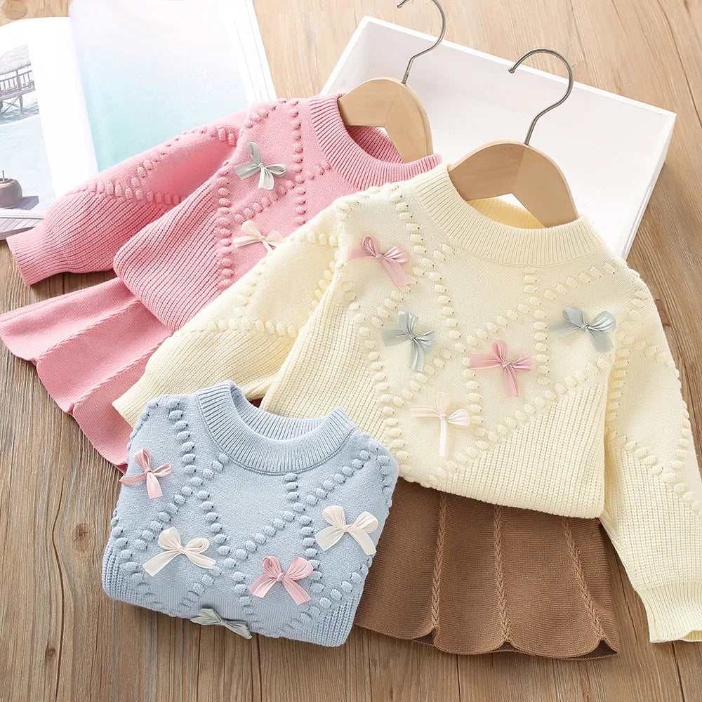 Girls Dresses Clothes Sets Spring Autumn Children Woolen Jersey Sweaters Tops Skirts Princess Suit For Baby Knitted Outfits Kids