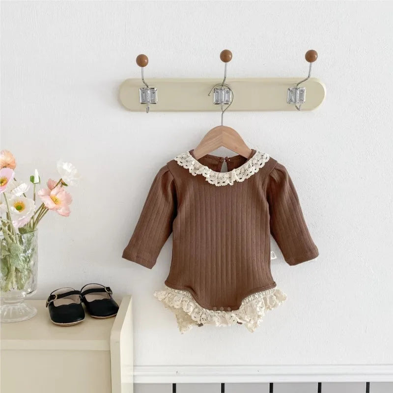 Newborn Baby Girl Cotton Lace Ruffle Hollow Romper Infant Toddler Solid Long Sleeve Jumpsuit Autumn Spring Baby Clothes 3M-18M