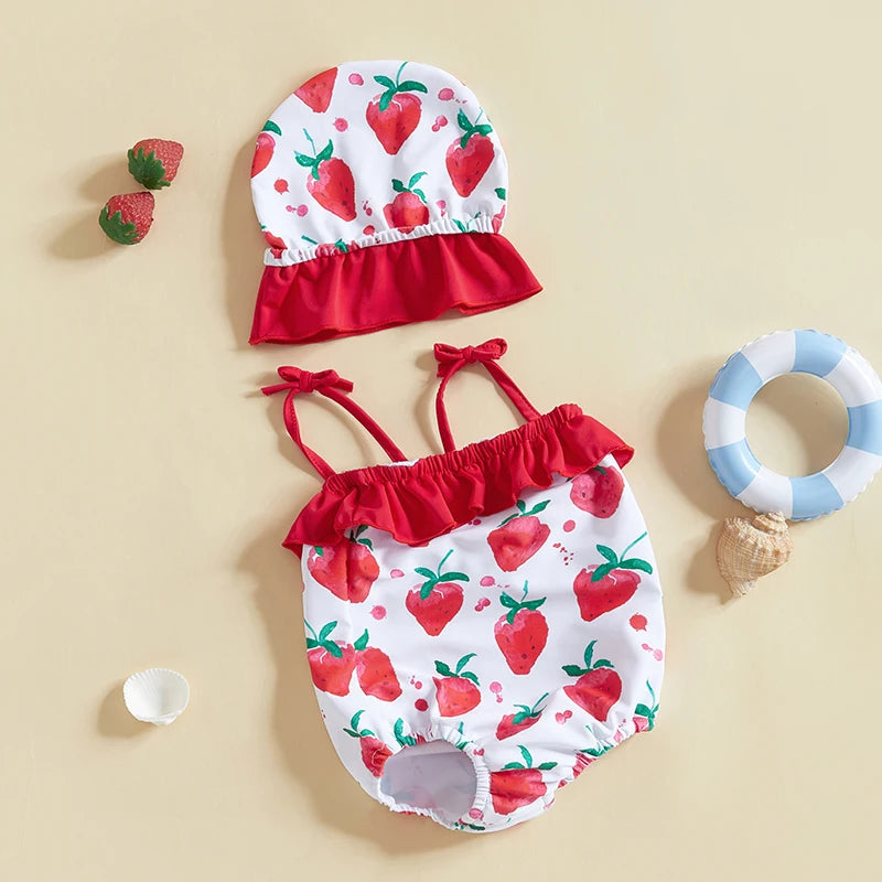 Toddler Baby Girls Summer Swimsuit Rompers Strawberry Print Suspenders Sleeveless Baby Ruffles Bathing Suit Swimwear with Hat