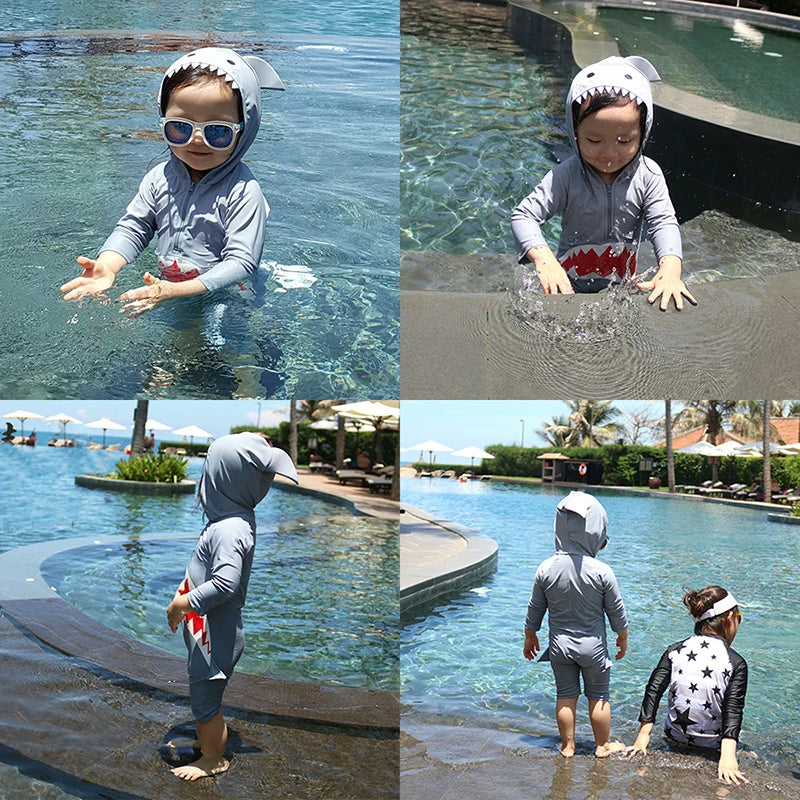 1-7Y Baby Toddler Child One Piece Swimwear Swimsuit Hoodie Long Sleeve Sunscreen Shark Style Beach Wear Bathing Suit for Boys