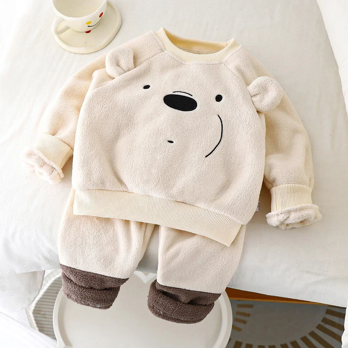 New 2024 Autumn Winter Kids Thicken Warm Fleece Pajamas Baby Boys Girls Cute Cartoon Bear O-neck Pullover Clothing Sets Pyjamas