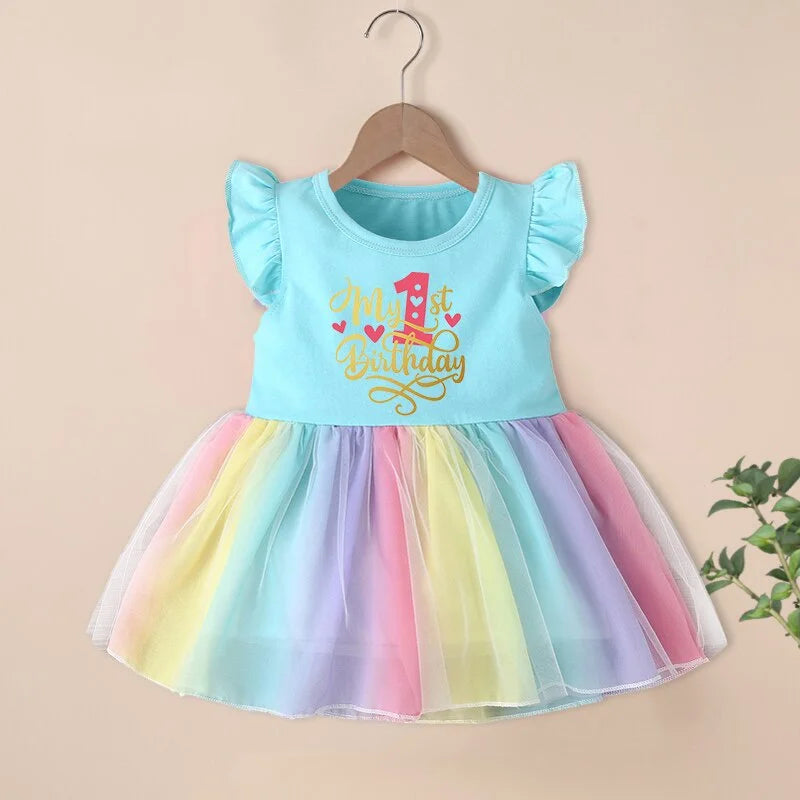 Gold Letter Print Baby 1 2 3 4 Years Birthday Rainbow Dress Infant Girls Children Party Toddler Cotton Summer Dresses Clothes