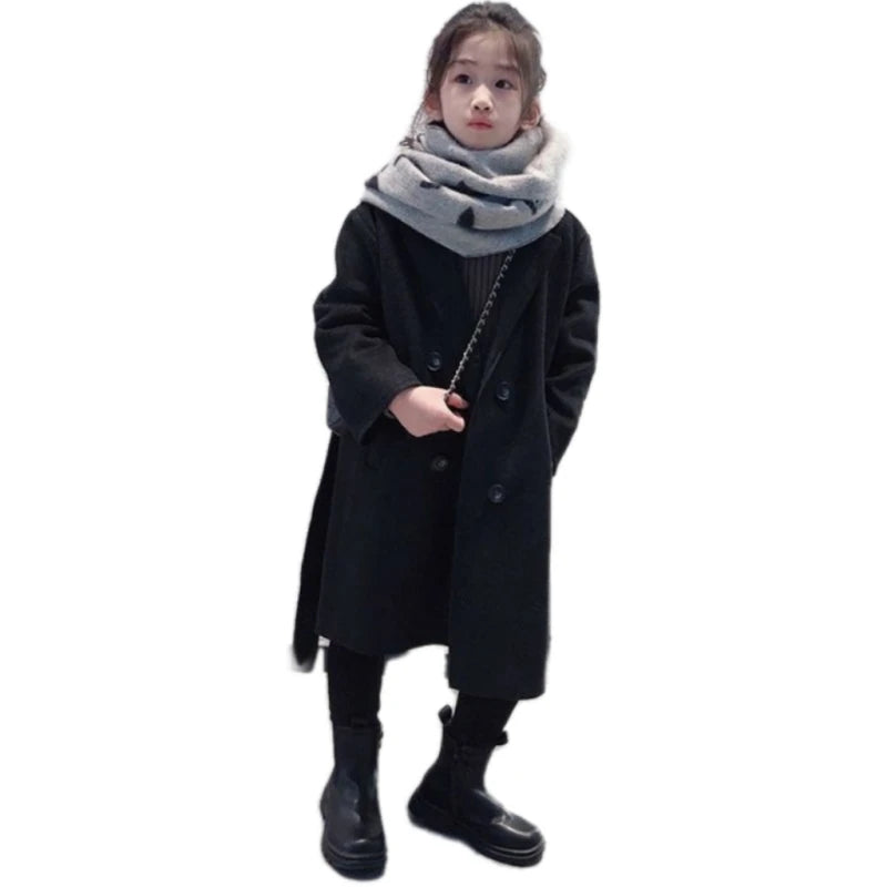 Girls Woolen Coat Overcoat Jacket Windbreak 2024 White Warm Plus Thicken Autumn Winter Cotton School Children's Clothing