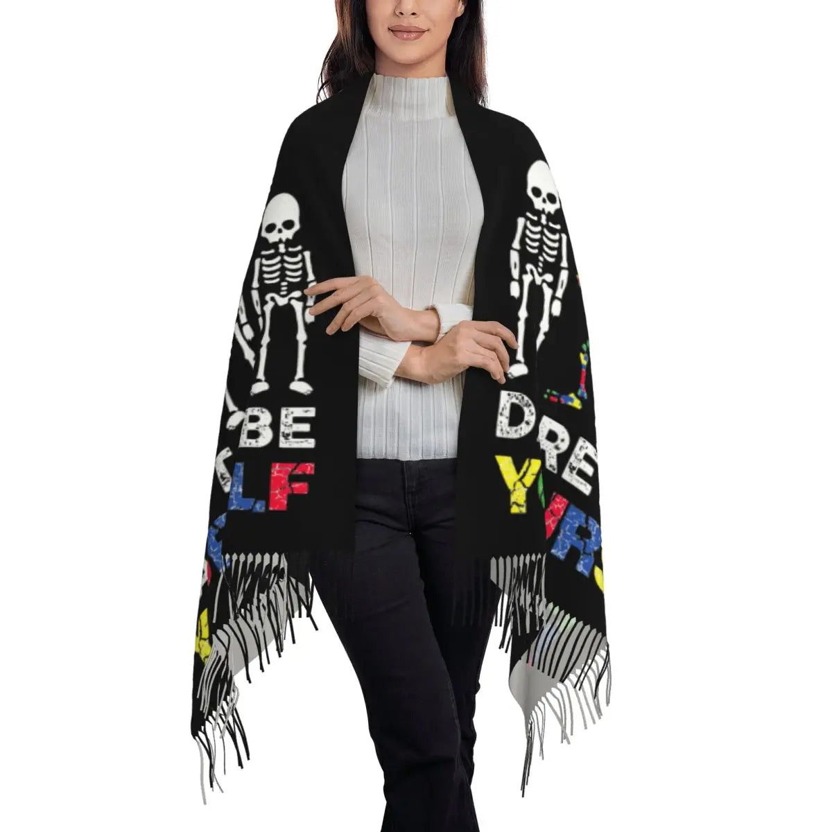 Custom Dare To Be Yourself Skeleton Dabbing Autism Awareness Scarf Wrap Women Long Winter Warm Tassel Shawl Unisex Scarves