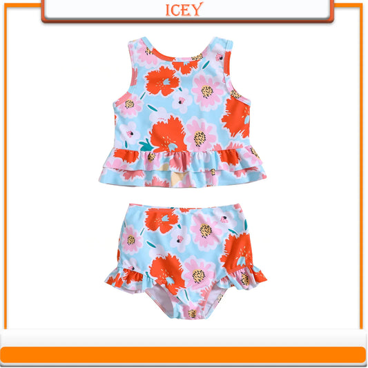 Cute Flower Print Split Swimsuit Set for Girls and Baby Girls Two-Piece Suits