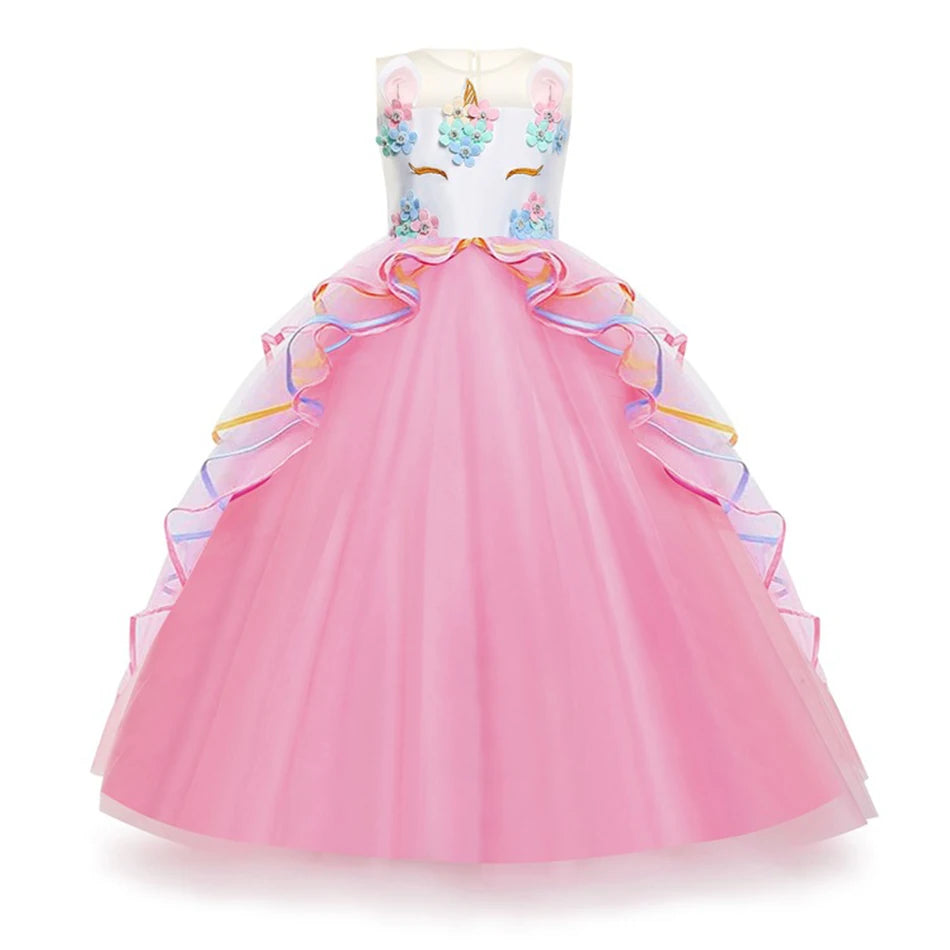 Unicom Dress for Girls Unicorn Luxary Party Gown Rainbow Long Gauze Dress Kids Princess Birthday Party Gift