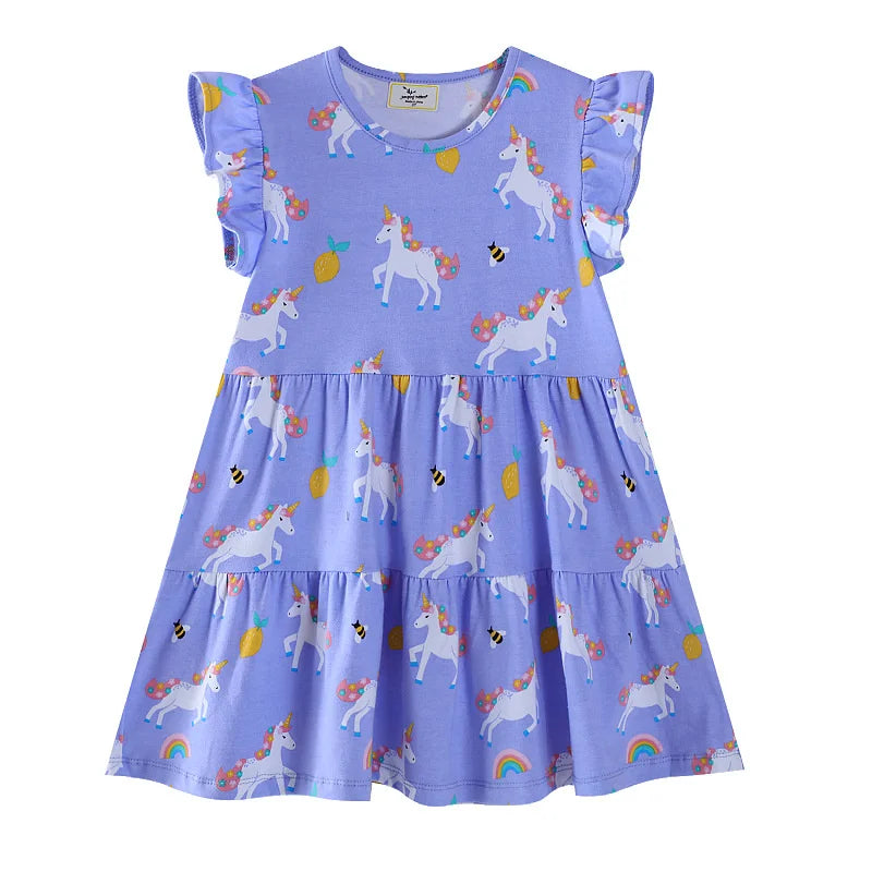 Jumping Meters 2-7T 100% Cotton Girls Dresses With Unicorn Print Sleeveless Toddler Kids Clothing Baby Girls Dresses School Wear