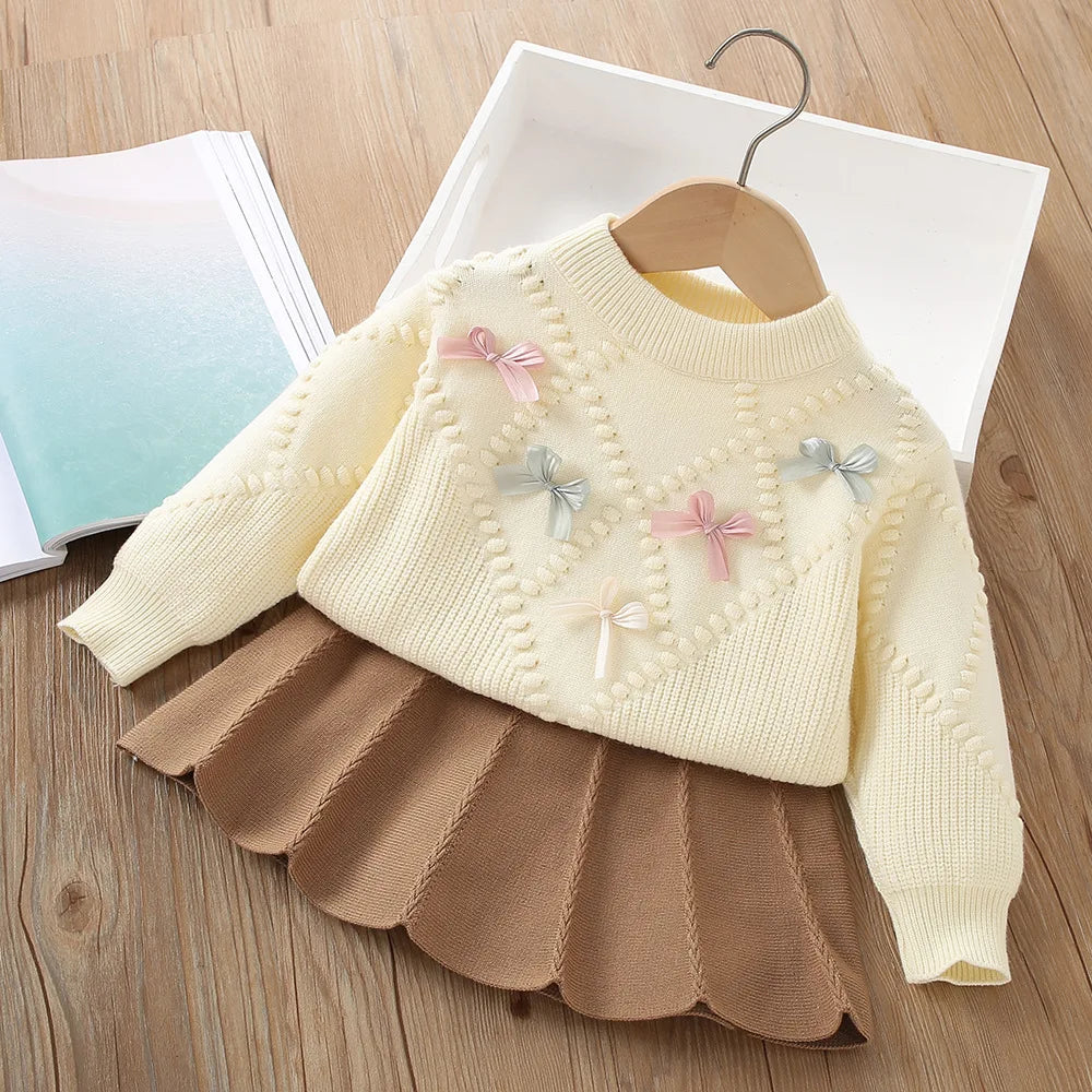 Girls Dresses Clothes Sets Spring Autumn Children Woolen Jersey Sweaters Tops Skirts Princess Suit For Baby Knitted Outfits Kids