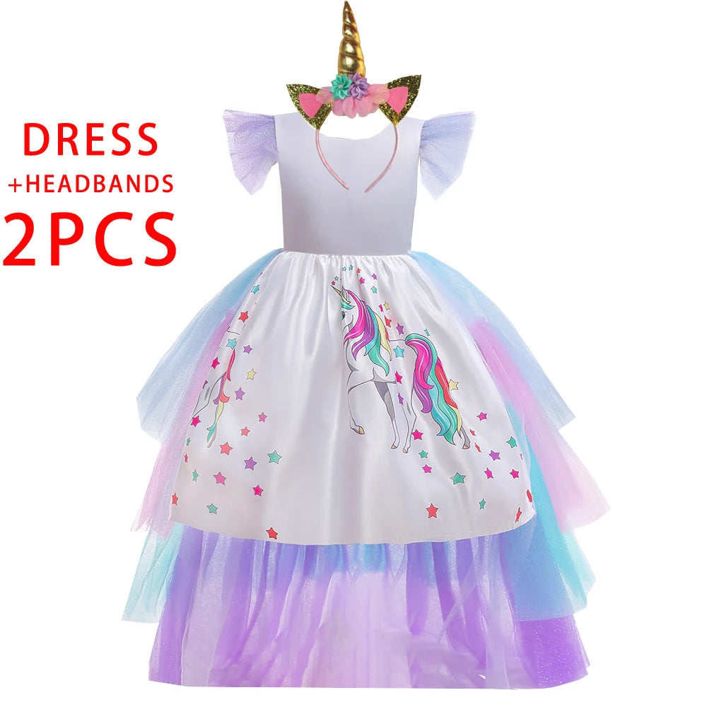 Kids Unicorn Cosplay Dress For Girls Children Costumes Tailing Rainbow Princess Party Dresses Girl Birthday Wedding Ball Gown