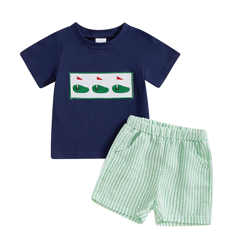 Toddler Kids Baby Boys Summer Clothes Outfits Golf Embroidery Short Sleeves T-Shirts Elastic Striped Shorts Casual Sportwear