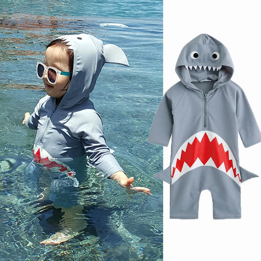 1-7Y Baby Toddler Child One Piece Swimwear Swimsuit Hoodie Long Sleeve Sunscreen Shark Style Beach Wear Bathing Suit for Boys