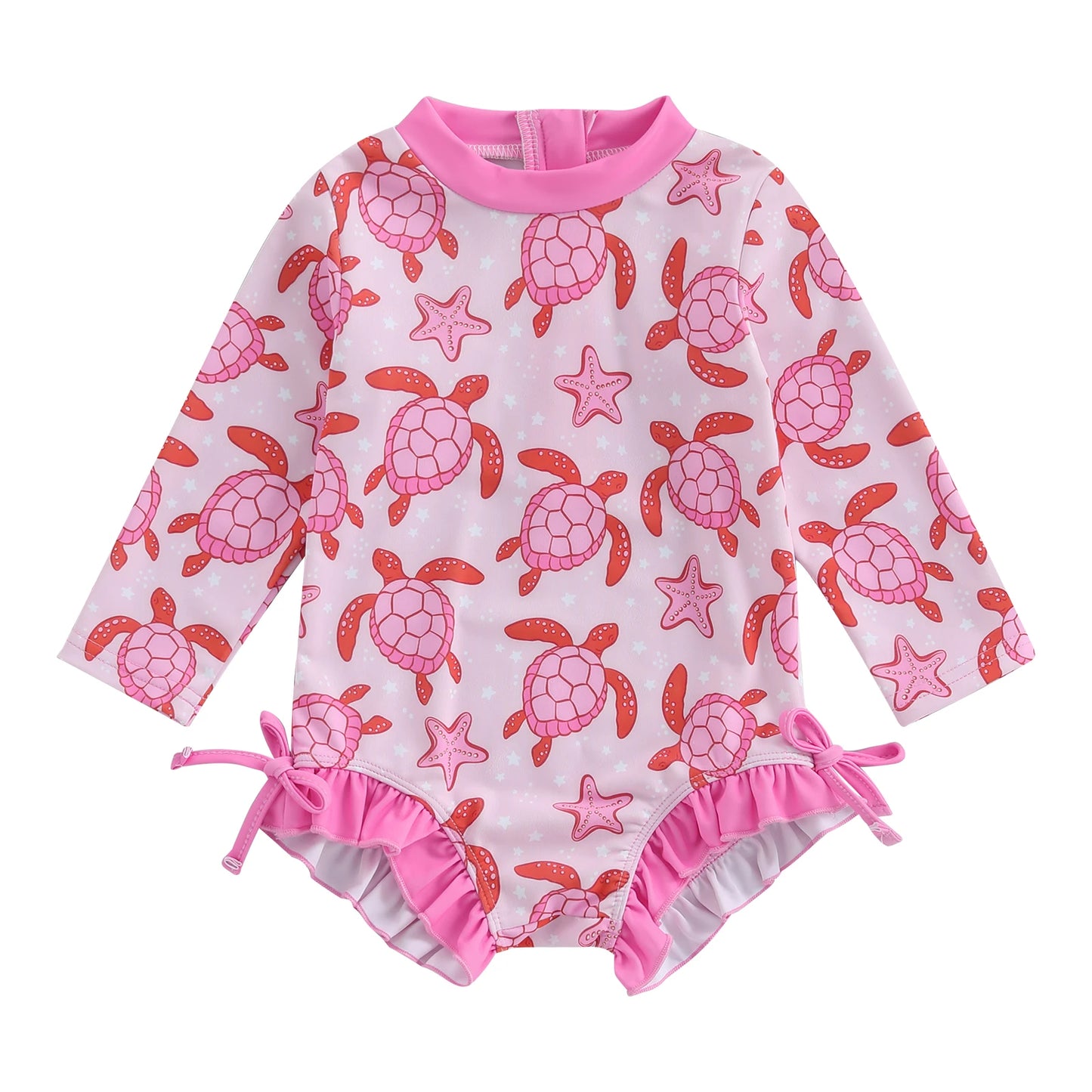 Toddler Girls Rash Guard Swimsuit Rompers Long Sleeve Turtle Print Baby Ruffles Bathing Suit Swimwear