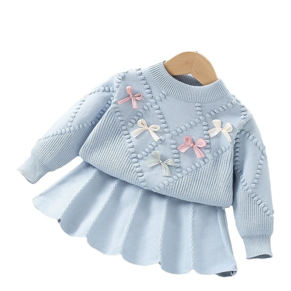 Girls Dresses Clothes Sets Spring Autumn Children Woolen Jersey Sweaters Tops Skirts Princess Suit For Baby Knitted Outfits Kids