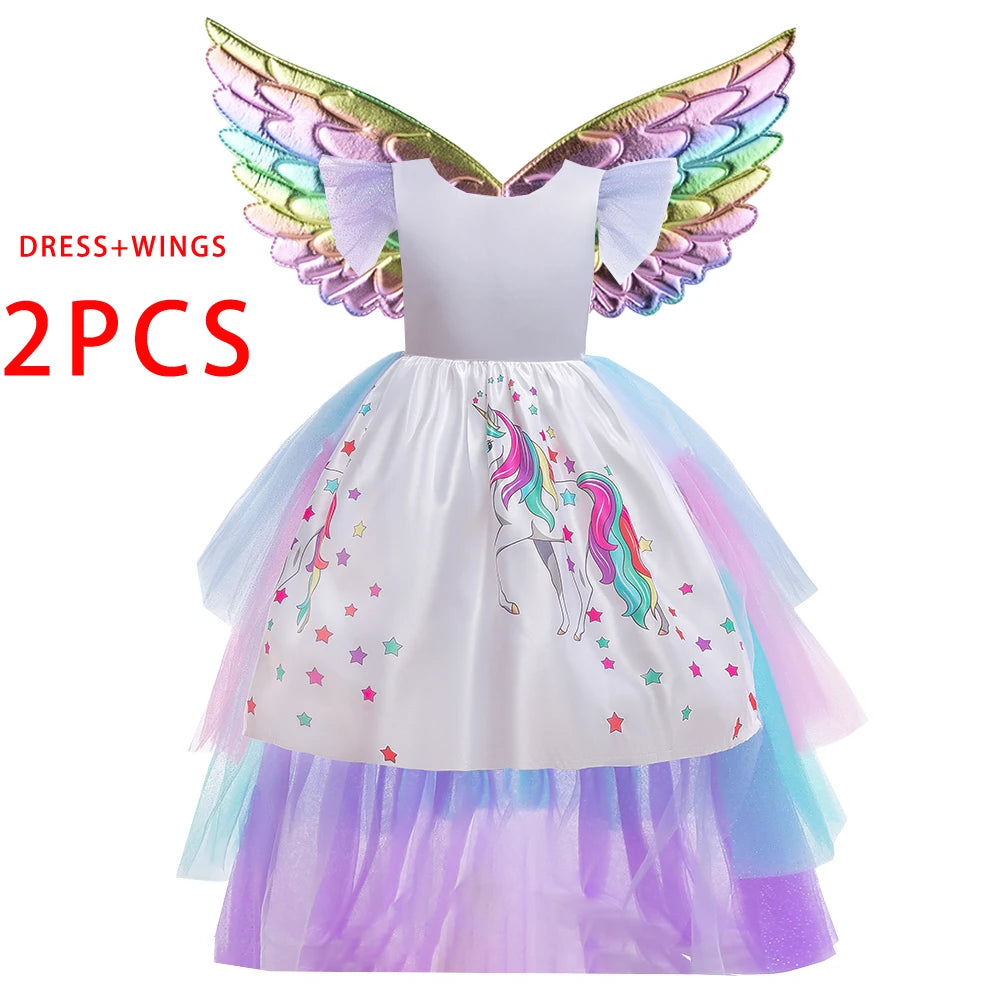 Kids Unicorn Cosplay Dress For Girls Children Costumes Tailing Rainbow Princess Party Dresses Girl Birthday Wedding Ball Gown