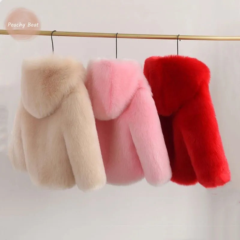 Fashion Baby Girl Faux Fur Jacket With Hat Infant Toddler Child Warm Fluffy Coat Winter Long Sleeve Outwear Baby Clothes 1-10Y