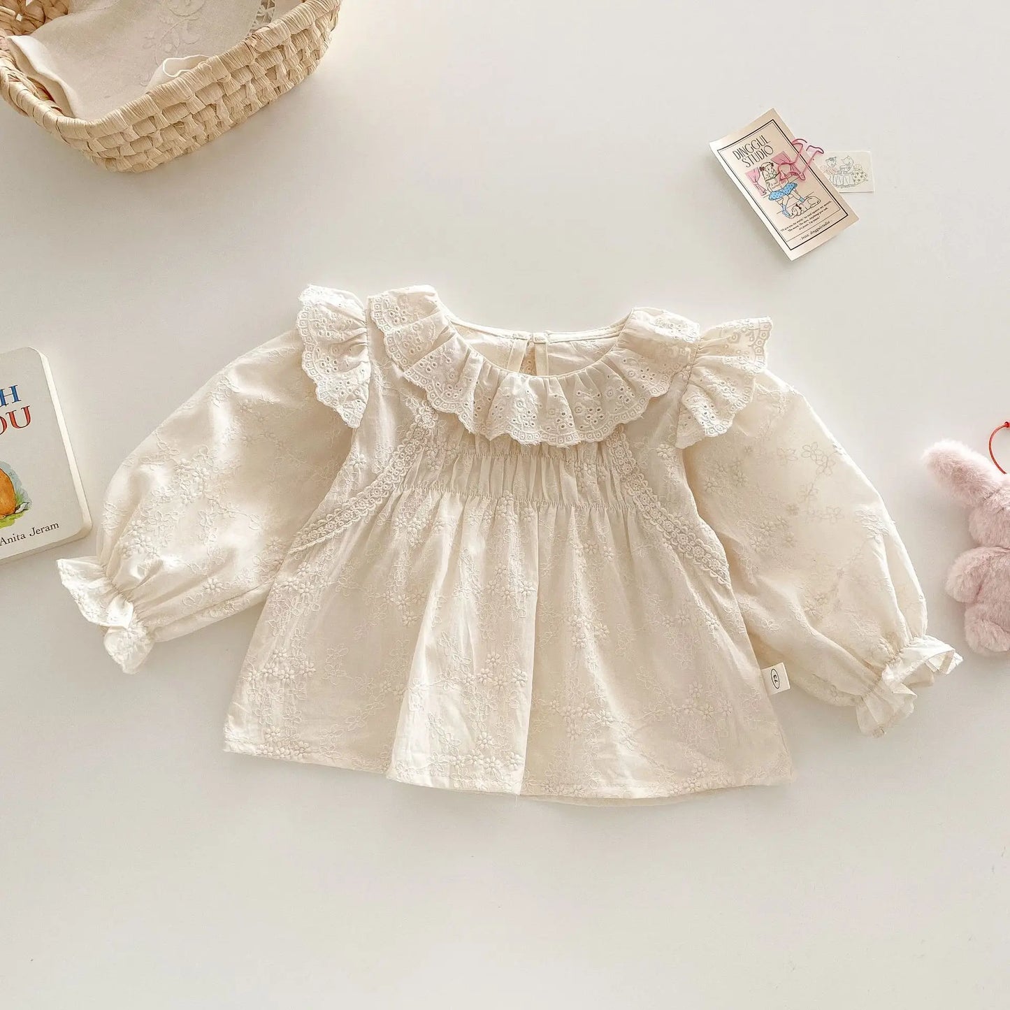 0-5Y Children's Baby Peter Pan Collar Shirt Base Top Spring Korean Style Girls' Doll Shirt Cute Embroidered Flowers Kid's Blouse