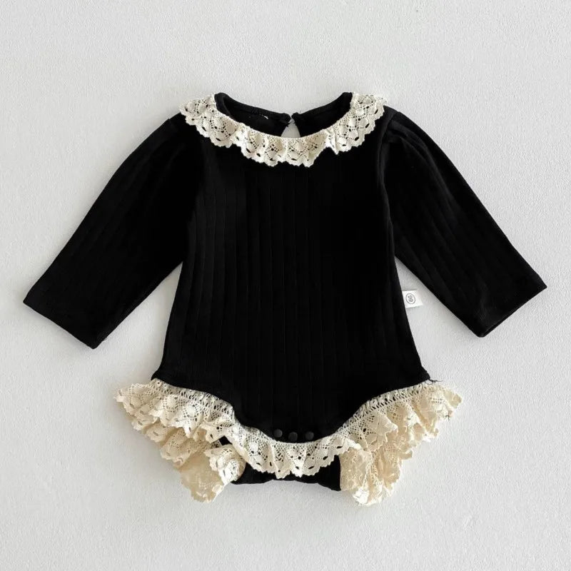 Newborn Baby Girl Cotton Lace Ruffle Hollow Romper Infant Toddler Solid Long Sleeve Jumpsuit Autumn Spring Baby Clothes 3M-18M