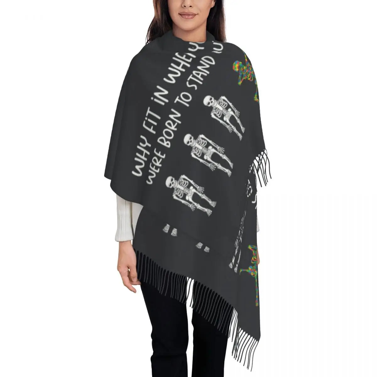 Custom Dare To Be Yourself Skeleton Dabbing Autism Awareness Scarf Wrap Women Long Winter Warm Tassel Shawl Unisex Scarves