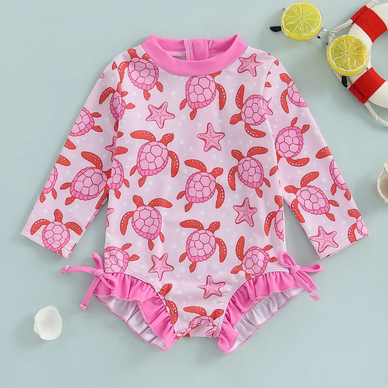 Toddler Girls Rash Guard Swimsuit Rompers Long Sleeve Turtle Print Baby Ruffles Bathing Suit Swimwear