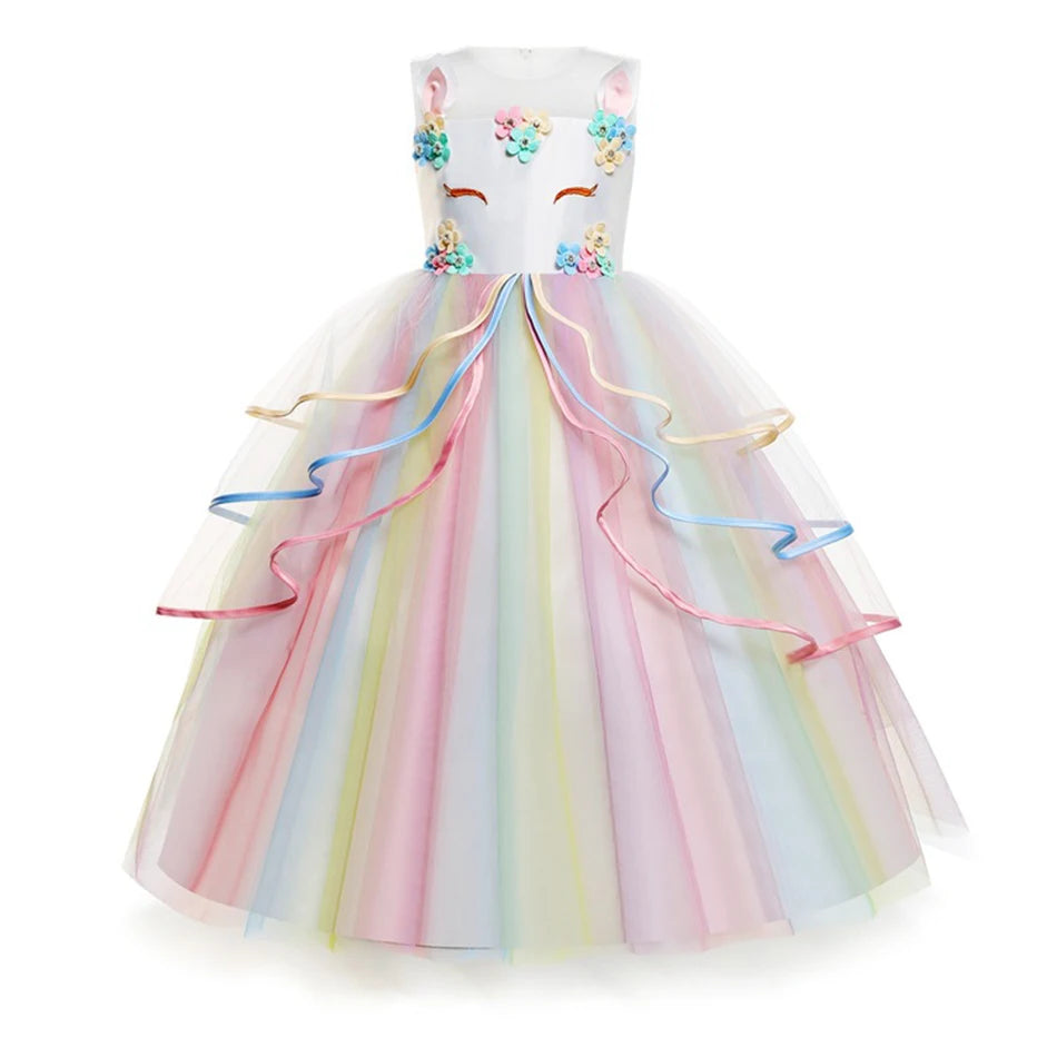 Unicom Dress for Girls Unicorn Luxary Party Gown Rainbow Long Gauze Dress Kids Princess Birthday Party Gift