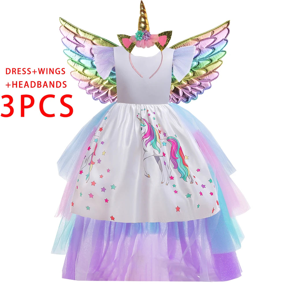 Kids Unicorn Cosplay Dress For Girls Children Costumes Tailing Rainbow Princess Party Dresses Girl Birthday Wedding Ball Gown