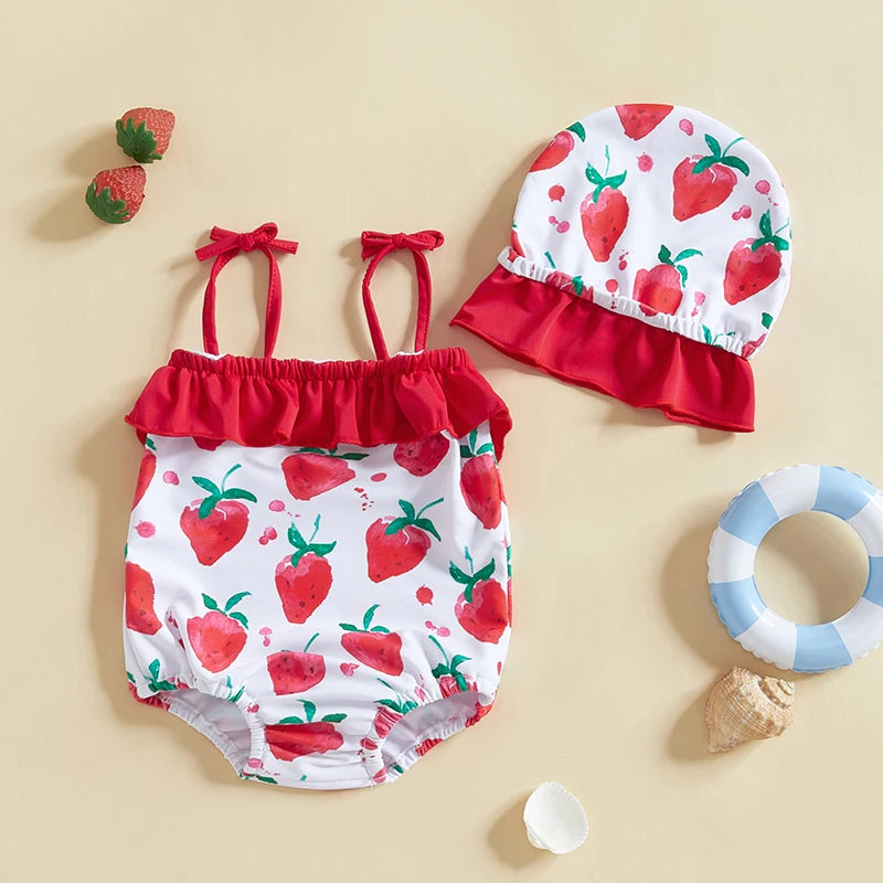 Toddler Baby Girls Summer Swimsuit Rompers Strawberry Print Suspenders Sleeveless Baby Ruffles Bathing Suit Swimwear with Hat