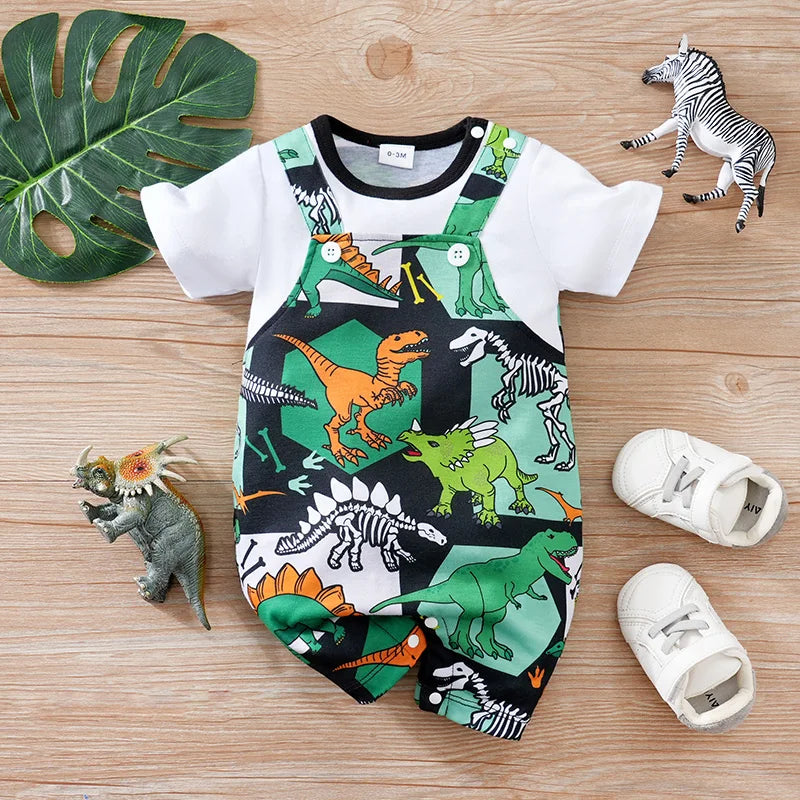 Newborn Clothing Handsome Cartoon Dinosaur False Strap Full Print Soft Summer Boys And Girls 0-18 Short Sleeve Baby Bodysuit