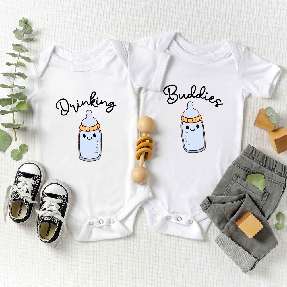 Drinking Buddies Funny Twin Baby Onesies Summer Cotton Newborn Boys Girls Clothes Pajamas Short Sleeve Comzy Infant Outfits