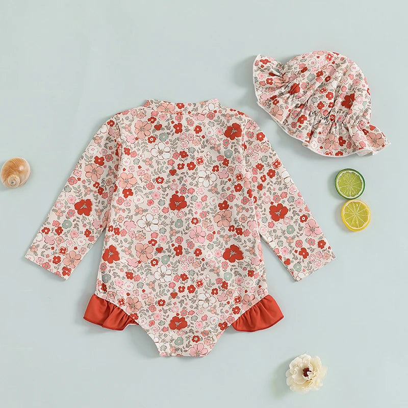 Toddler Girls Rash Guard Swimsuit Romper Long Sleeve Floral Print Baby Ruffles Bathing Suit Swimwear with Swim Cap 2 Pieces Sets