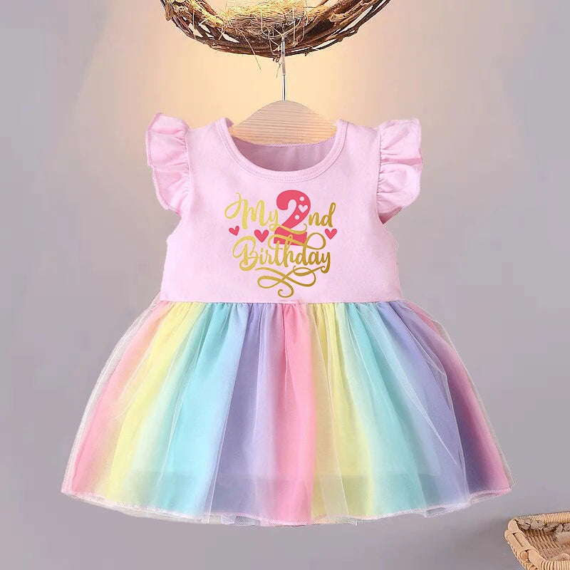 Gold Letter Print Baby 1 2 3 4 Years Birthday Rainbow Dress Infant Girls Children Party Toddler Cotton Summer Dresses Clothes