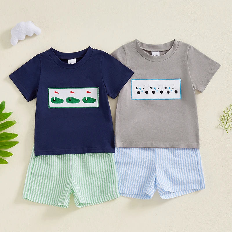 Toddler Kids Baby Boys Summer Clothes Outfits Golf Embroidery Short Sleeves T-Shirts Elastic Striped Shorts Casual Sportwear