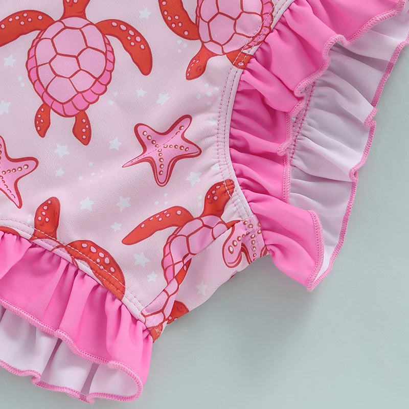 Toddler Girls Rash Guard Swimsuit Rompers Long Sleeve Turtle Print Baby Ruffles Bathing Suit Swimwear