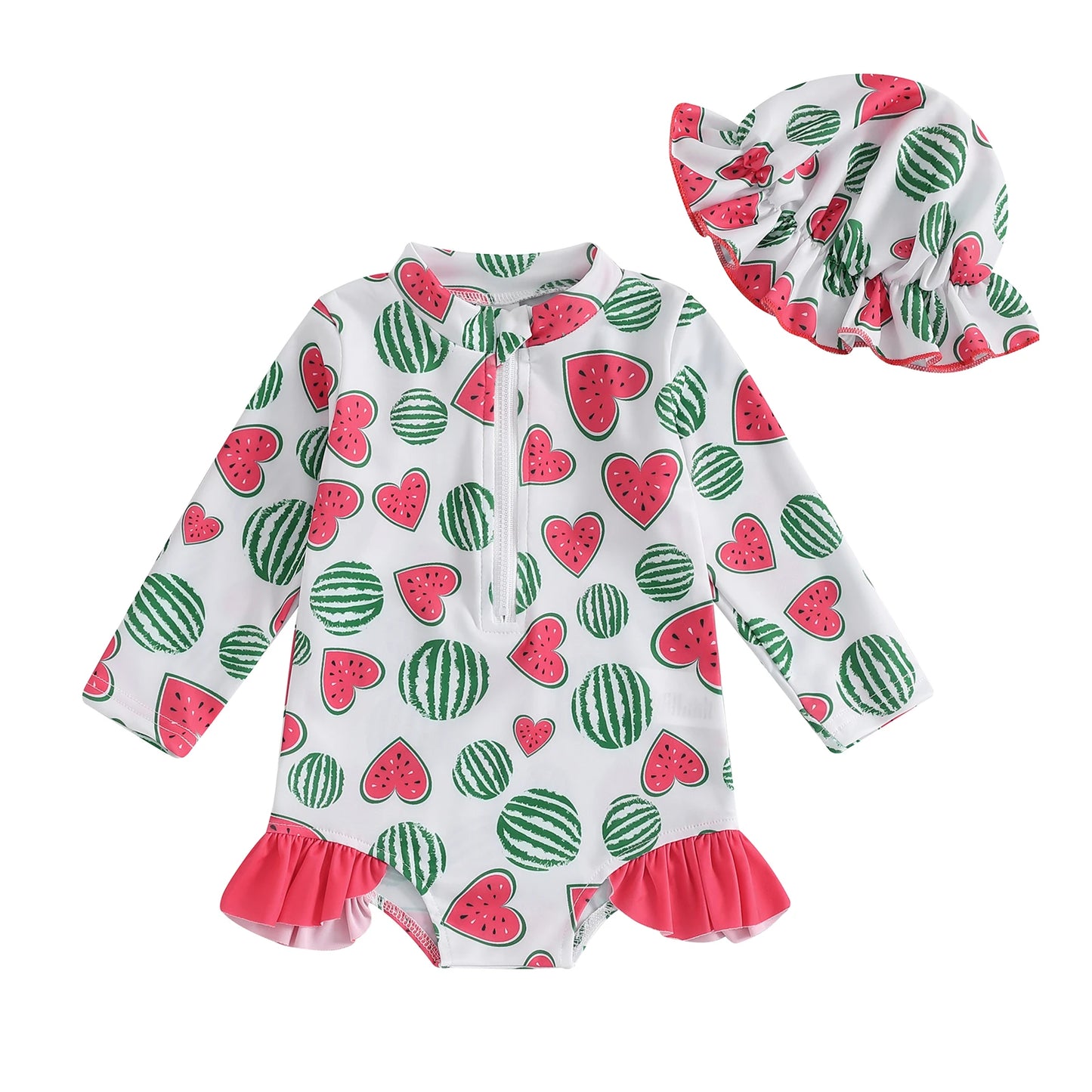 Girls Rash Guard Swimsuit Romper Long Sleeve Floral/Strawberry/Watermelon/Ice Cream Print Bathing Suit Swim Romper with Hat