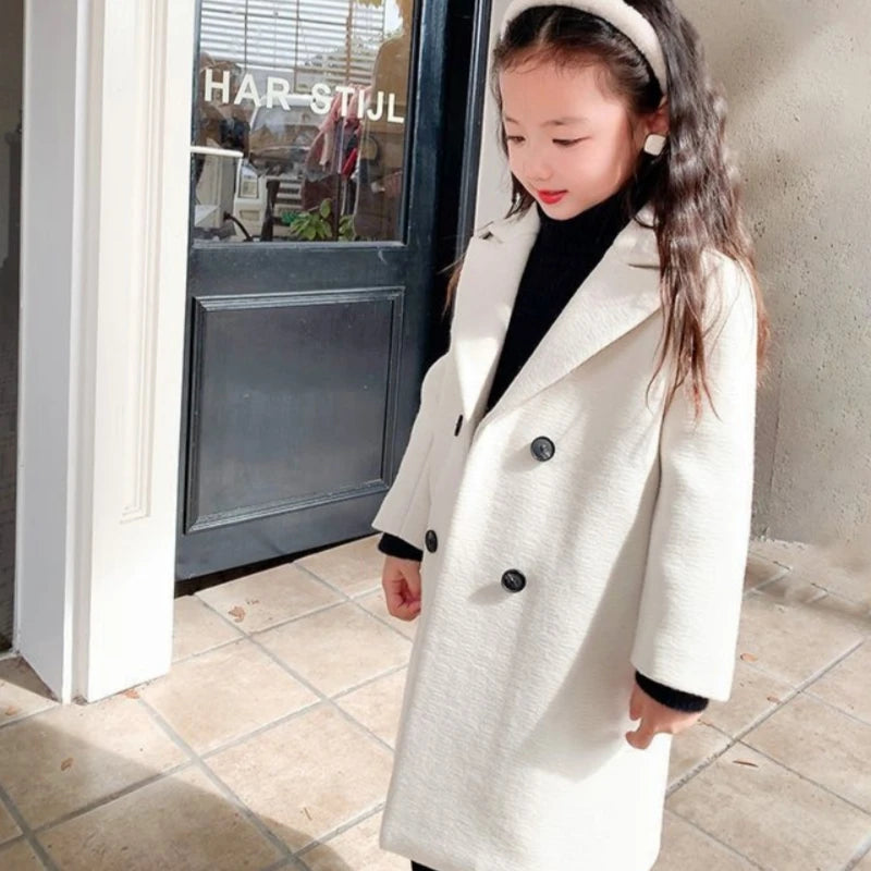 Girls Woolen Coat Overcoat Jacket Windbreak 2024 White Warm Plus Thicken Autumn Winter Cotton School Children's Clothing