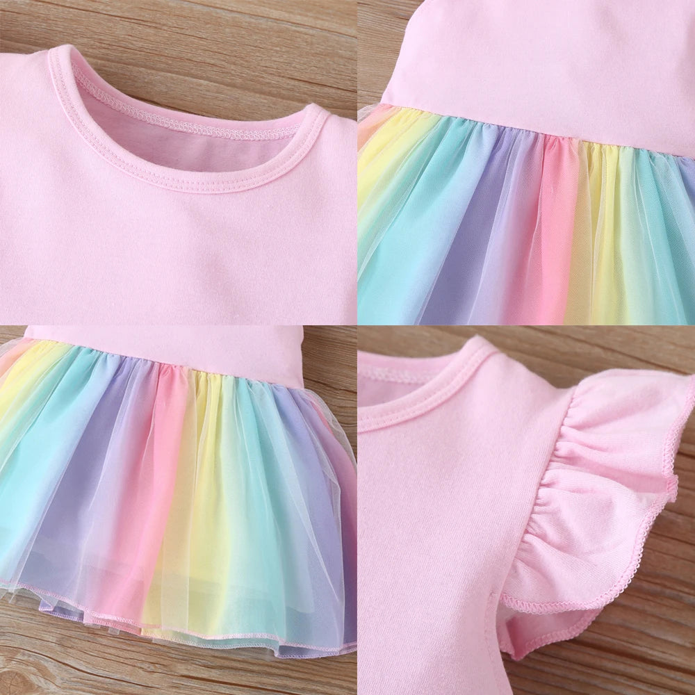 Gold Letter Print Baby 1 2 3 4 Years Birthday Rainbow Dress Infant Girls Children Party Toddler Cotton Summer Dresses Clothes