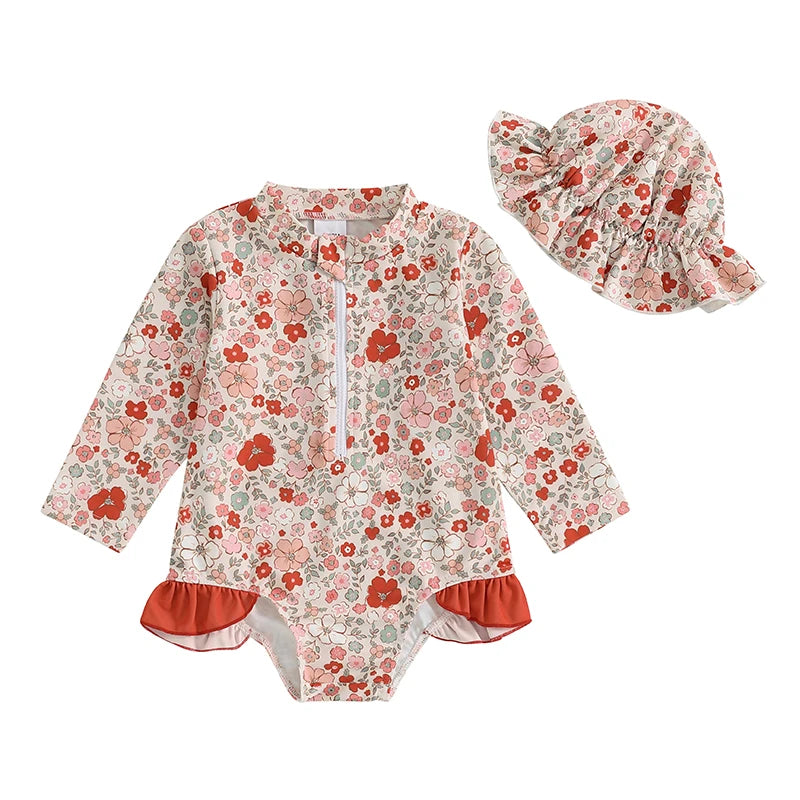 Toddler Girls Rash Guard Swimsuit Romper Long Sleeve Floral Print Baby Ruffles Bathing Suit Swimwear with Swim Cap 2 Pieces Sets